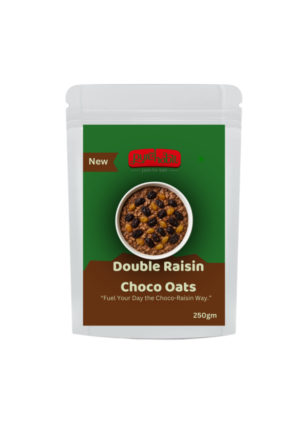 "Pure Habit Double Raisin Choco Oats – chocolate-flavored instant oats with golden and black raisins in pouch pack"